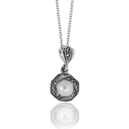 Marcasite and Pearl Pendant on 18" Chain - Click Image to Close